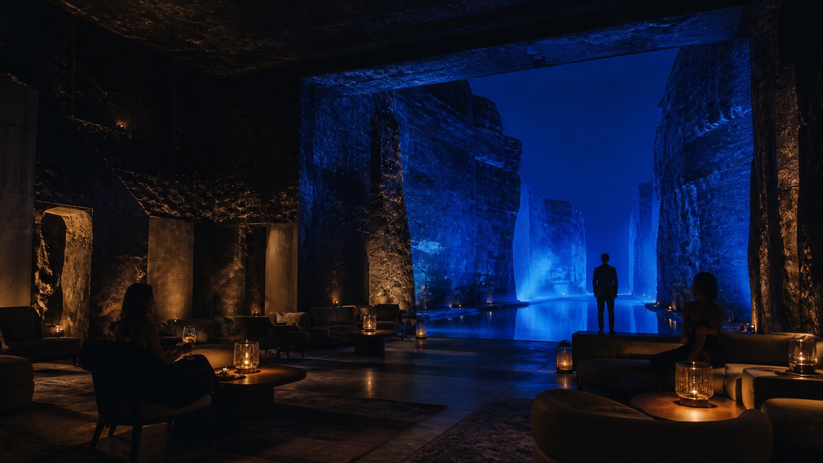 An immersive night-time hospitality interior washed in deep blue